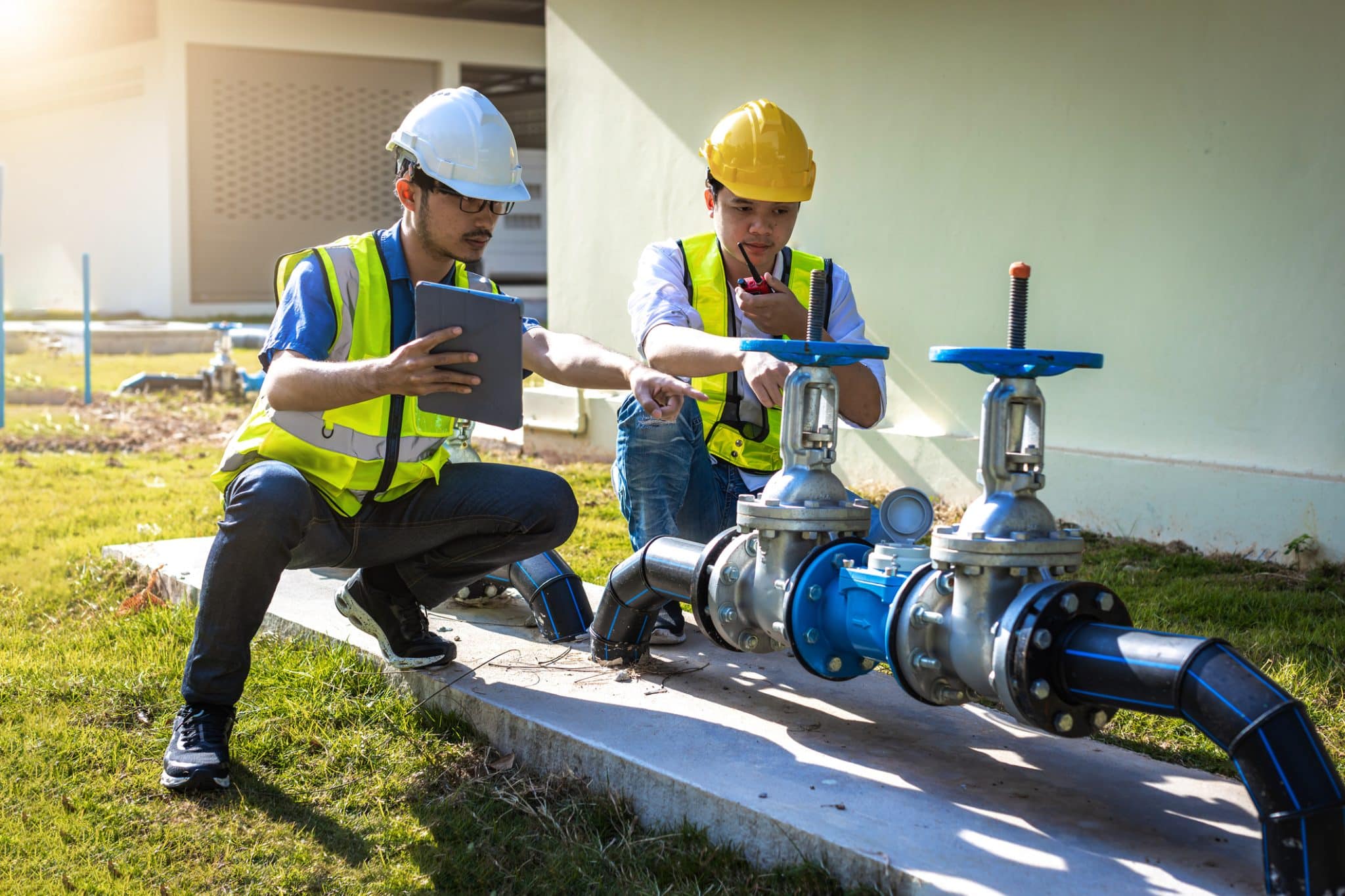 Two inspectors checking out backflow preventer at local commercial property to make sure it is working properly.
