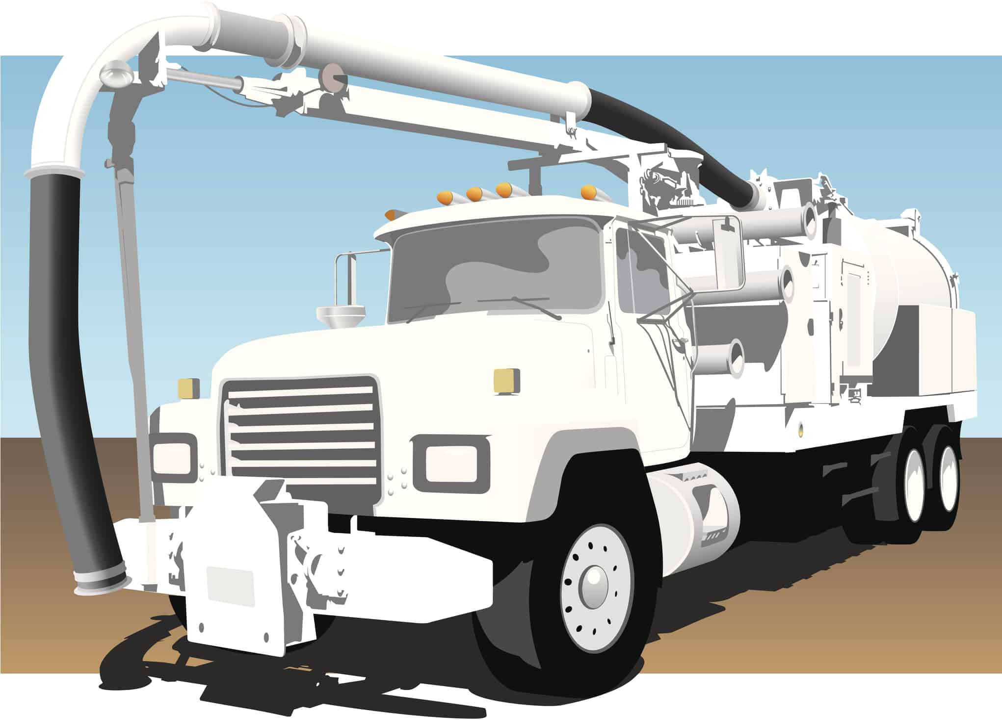 Illustration of a white vacuum excavation truck with extended boom and hose, used for hydro excavation and utility work.